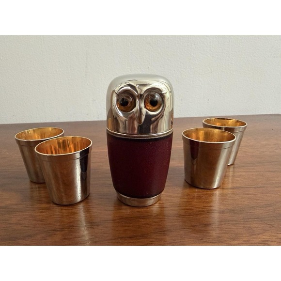 Other - Midcentury Owl Leather And Metal Jigger Four Shot Glass Set Barware Vintage Rare